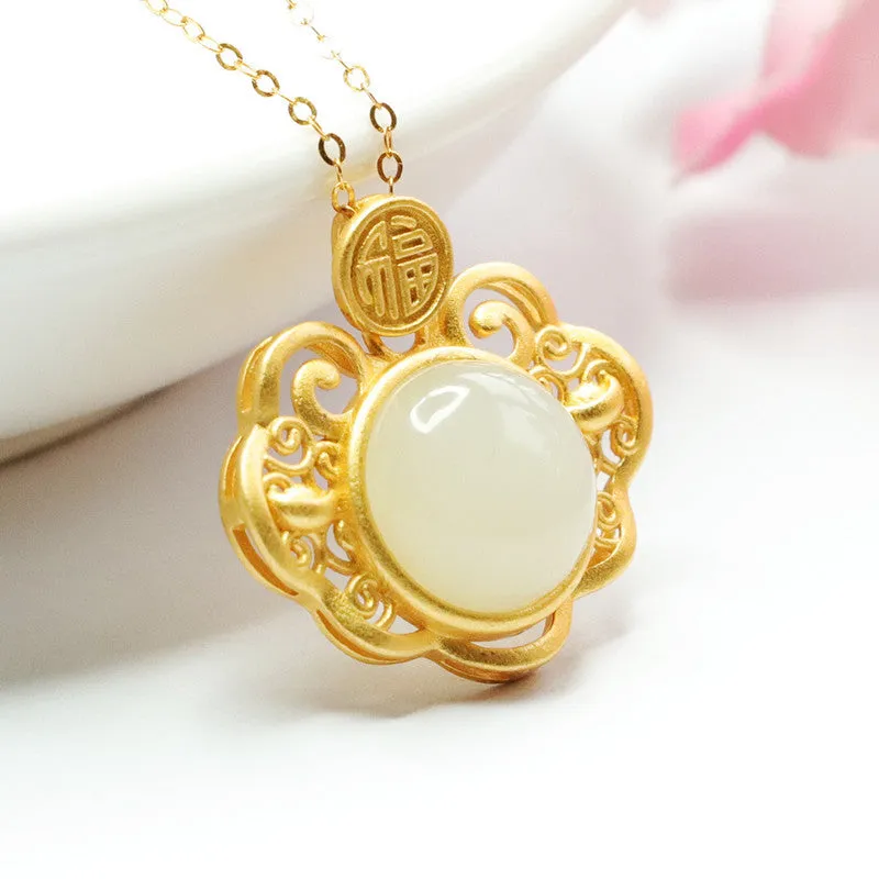 S925 Silver Natural Hotan Jade Pendant Round White Jade Hollow Blessing Ruyi Necklace