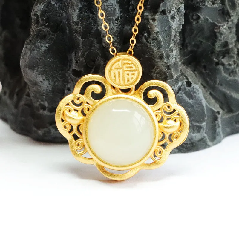 S925 Silver Natural Hotan Jade Pendant Round White Jade Hollow Blessing Ruyi Necklace