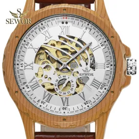 SEWOR 2018 Newest Imitation wood metal Dual digital display of men's automatic mechanical watch C337