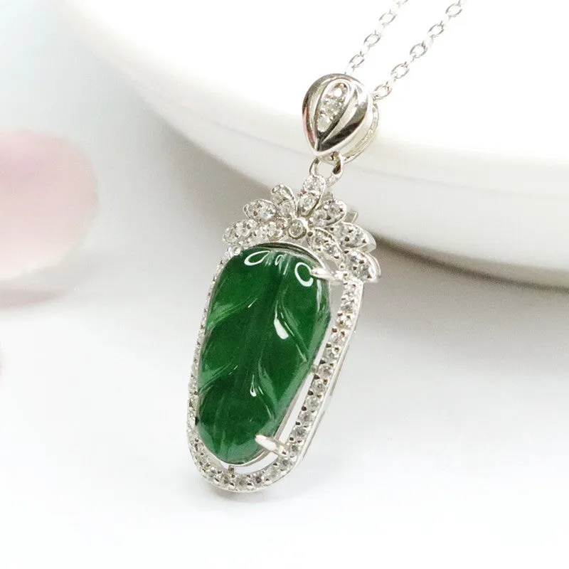 Starlight Sage Sterling Silver Jade Leaf Necklace with Zircon Embellishments