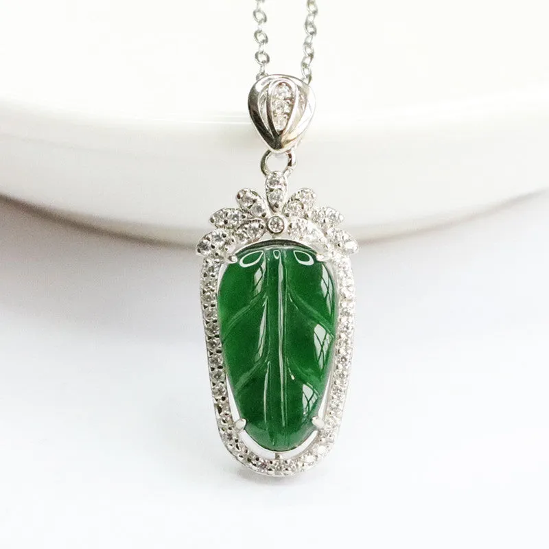 Starlight Sage Sterling Silver Jade Leaf Necklace with Zircon Embellishments