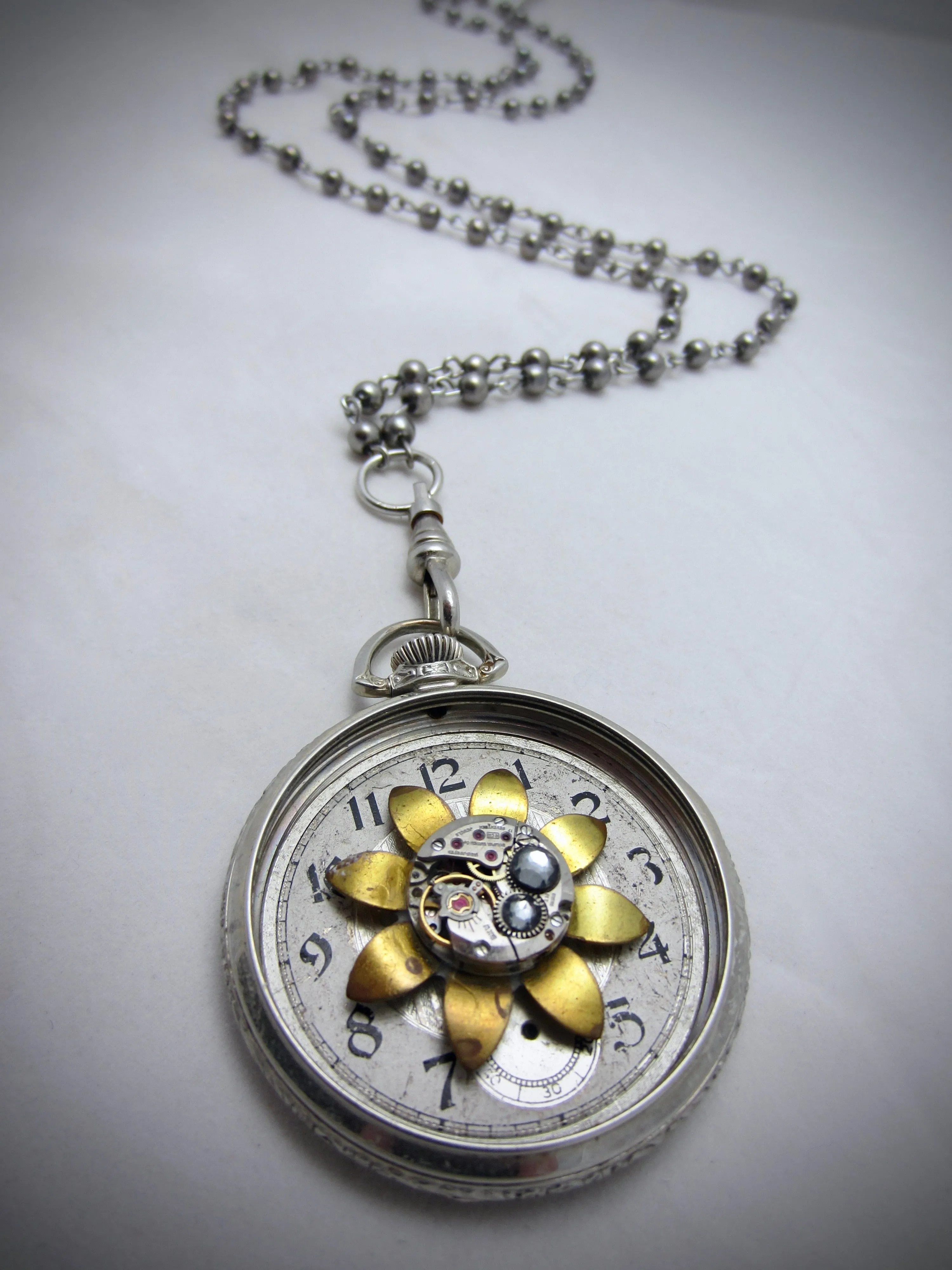 Steampunk jewelry necklace- "Springtime" - Pocket Watch Case- Pendant- Necklace - Upcycled wearable art