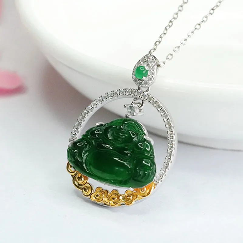 Sterling Silver Jade Buddha Necklace with Hollow Circle Pendant