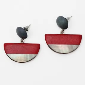 Sylca Designs - Red Wood and Shell Half Moon Earrings