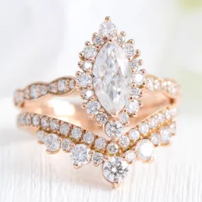 Tiara Halo Marquise Ring Bridal Set w/ Moissanite and Large Tiara Diamond Band