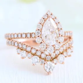 Tiara Halo Pave Ring Bridal Set w/ Pear Moissanite and Large Tiara Diamond Band