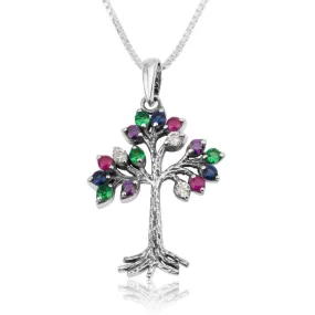 Tree Life Polished Siver Adorned Precious Gems Pendant Jewelry Holy Land Gift