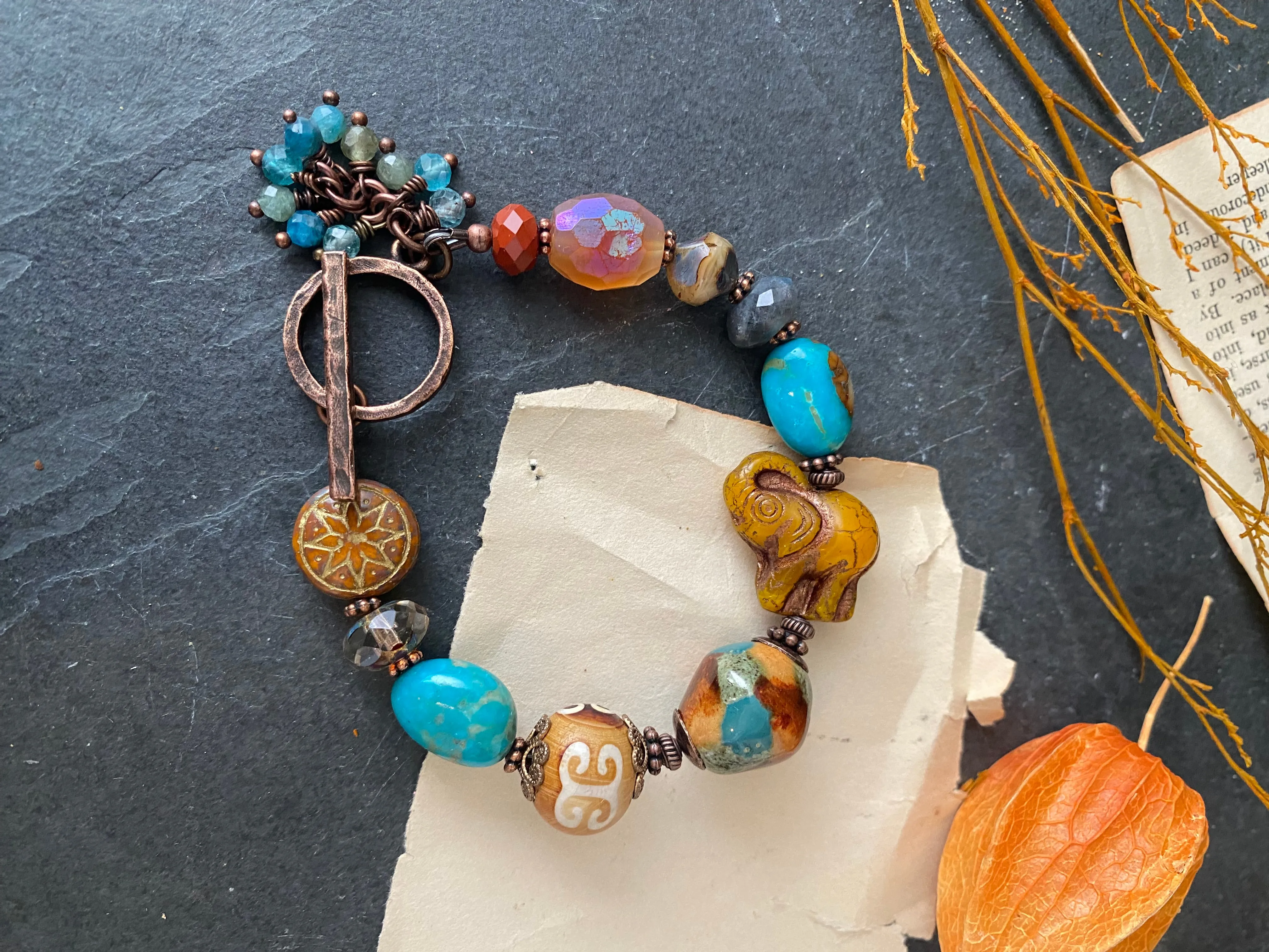 Turquoise, ceramic, elephant lampwork glass, czech glass, copper metal, labradorite, bracelet, jewelry