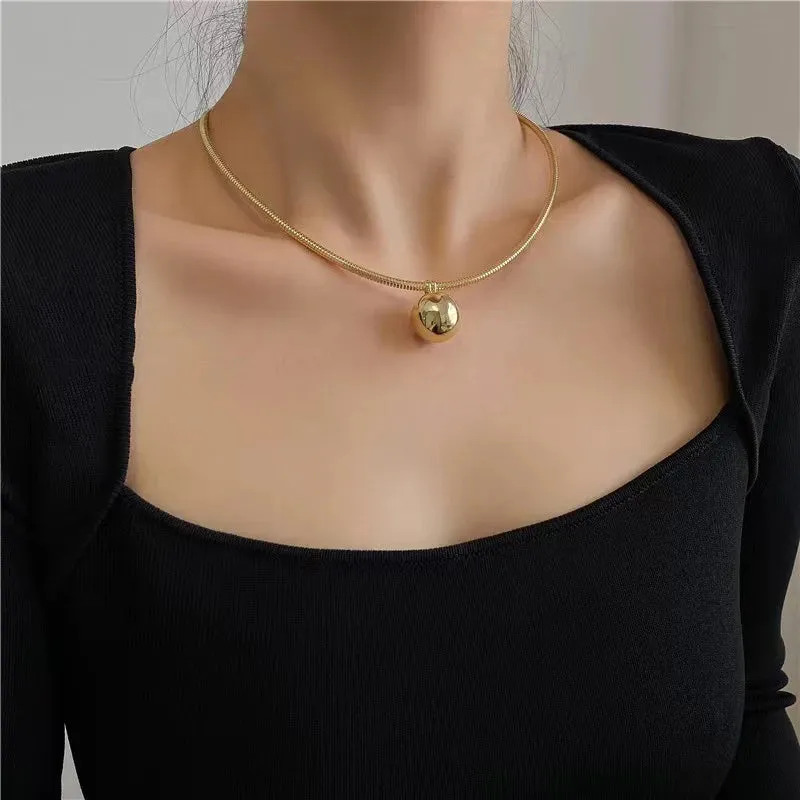 VAIGE Exaggerated Round Ball Pendant Stainless Steel Choker Torque Necklace - Classic Korean Fashion Jewelry