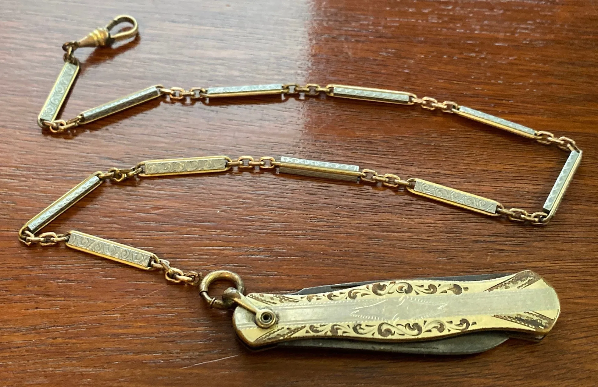 Victorian BB Co Pocket Knife Gold Filled Chain Two Tone Chasing