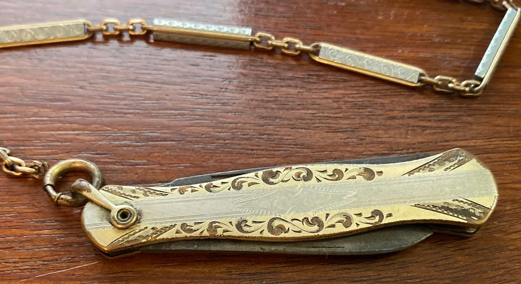 Victorian BB Co Pocket Knife Gold Filled Chain Two Tone Chasing