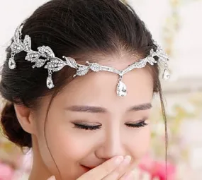 Vintage Crystal Bridal Hair Accessory for Bride - Wedding Rhinestone Waterdrop Leaf Tiara Crown