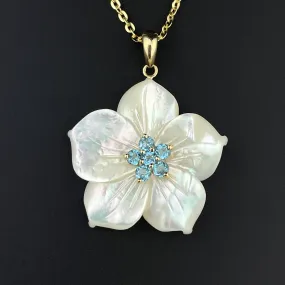 Vintage Gold Blue Topaz Mother of Pearl Flower Pendant Necklace