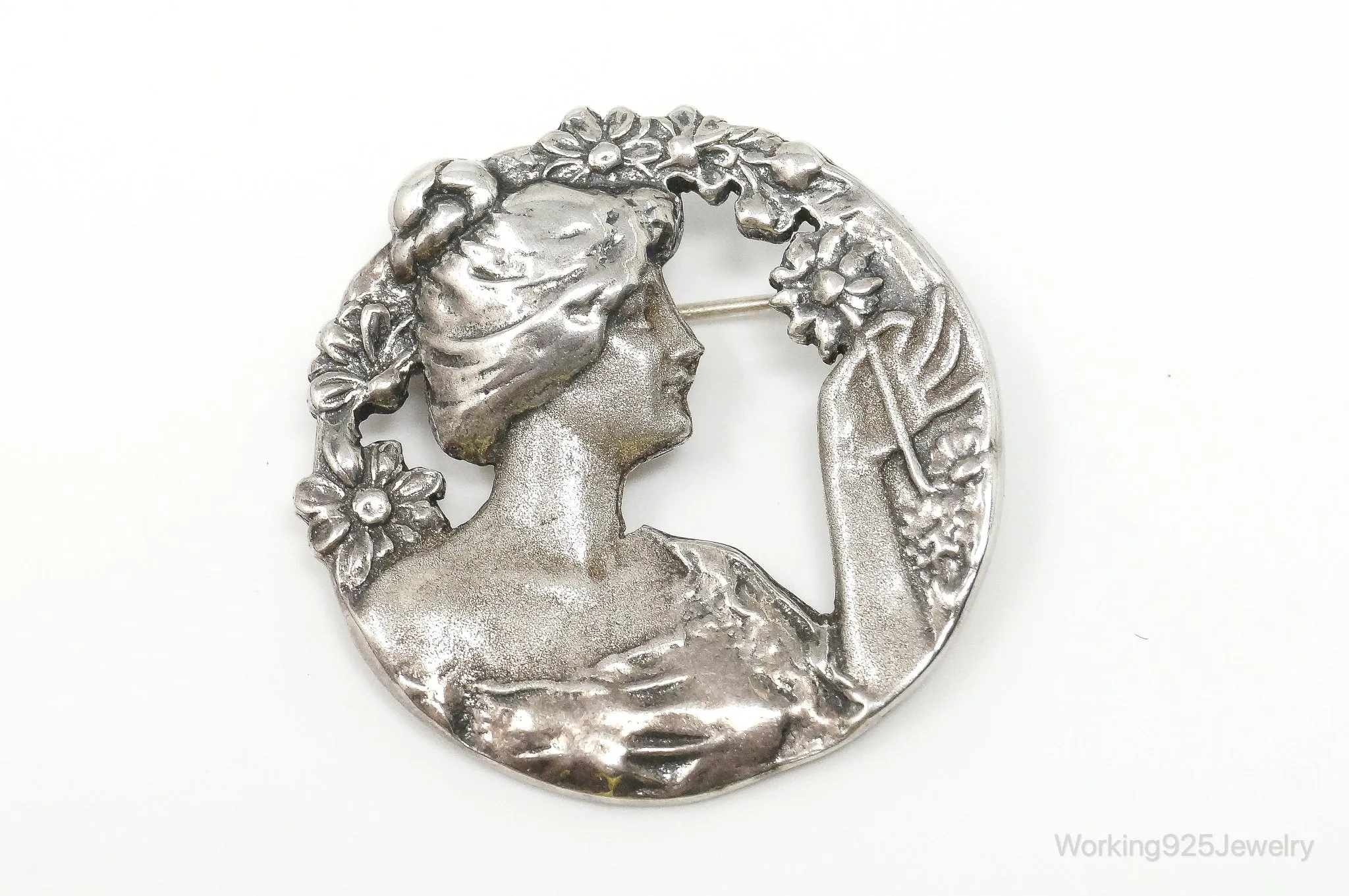 Vintage Large Cut Out Art Nouveau Woman Cameo Sterling Silver Pendant Pin