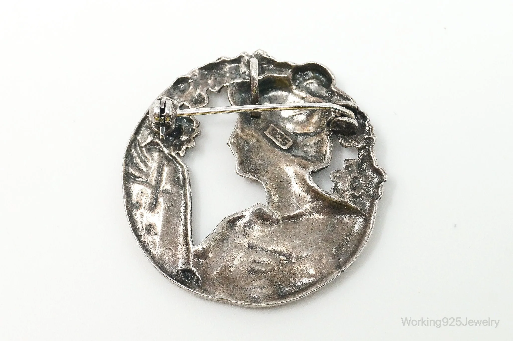 Vintage Large Cut Out Art Nouveau Woman Cameo Sterling Silver Pendant Pin