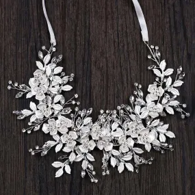 White Beaded Rhinestone Leaf Cluster Headband Hairband Wedding Hair Vine