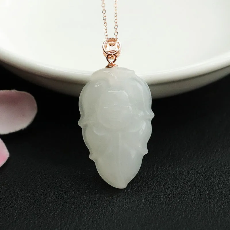 White Jade Leaf Buddha Necklace crafted from Sterling Silver and Natural Hetian Jade