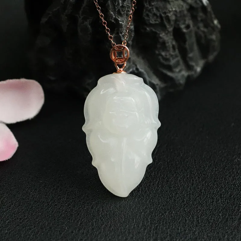 White Jade Leaf Buddha Necklace crafted from Sterling Silver and Natural Hetian Jade