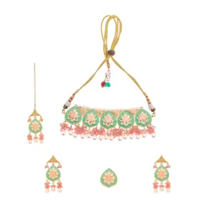 Yellow Chimes Jewellery Set for Women | Traditional Green Beads Choker Necklace Set Gold Plated Choker Set for Girls Meenakari Worked Necklace Set Birthday Gift for Girls & Women